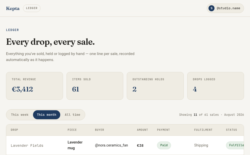 Ledger mockup — every sale recorded